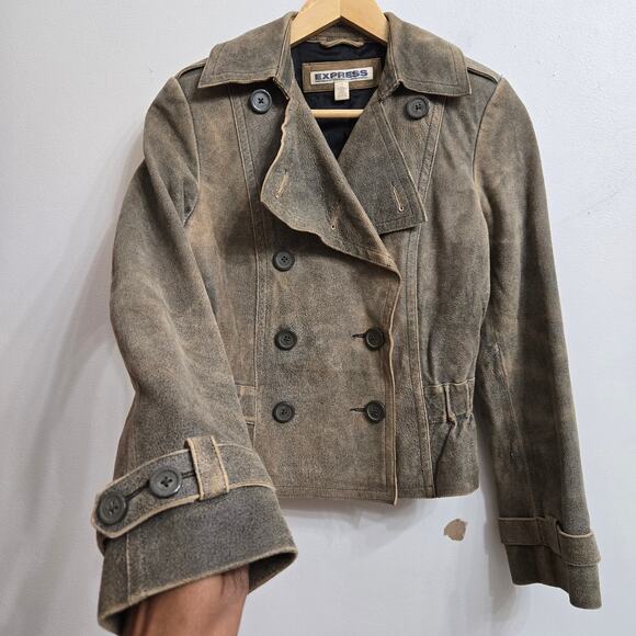 Express Womens Vtg Y2K Moto Brown Genuine Leather Suede Double Breasted Jacket 2 - Picture 3 of 12